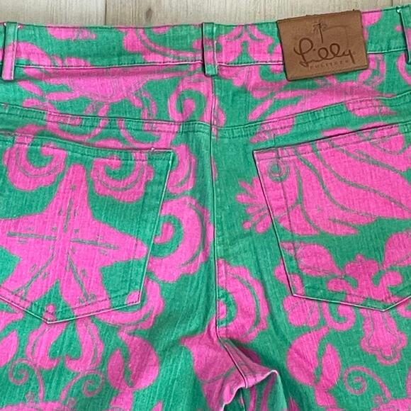 Lilly Pulitzer Rare Vintage Where's The Reef  Pink Green Jeans Sz 4 Flare - Picture 4 of 10